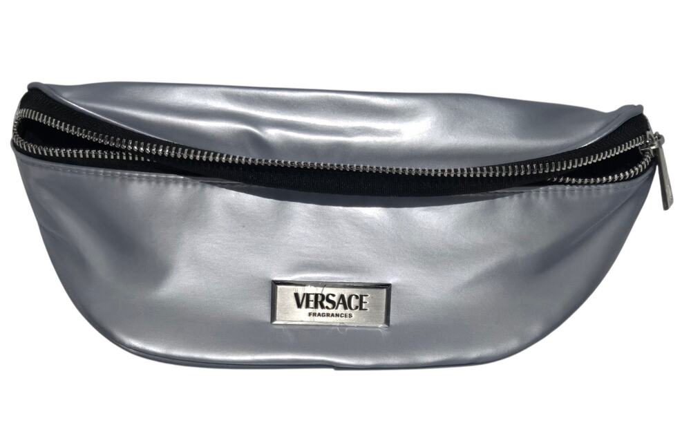 Versace Fragrances Metallic Silver Belt Bag Fanny Pack Greek Key Strap NEW